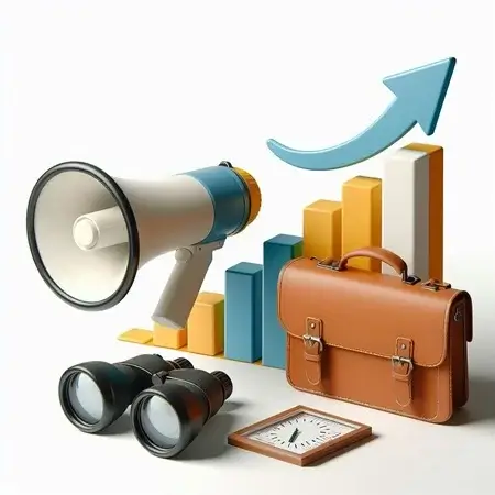 megaphone, paire de jumelles et courbe de croissance